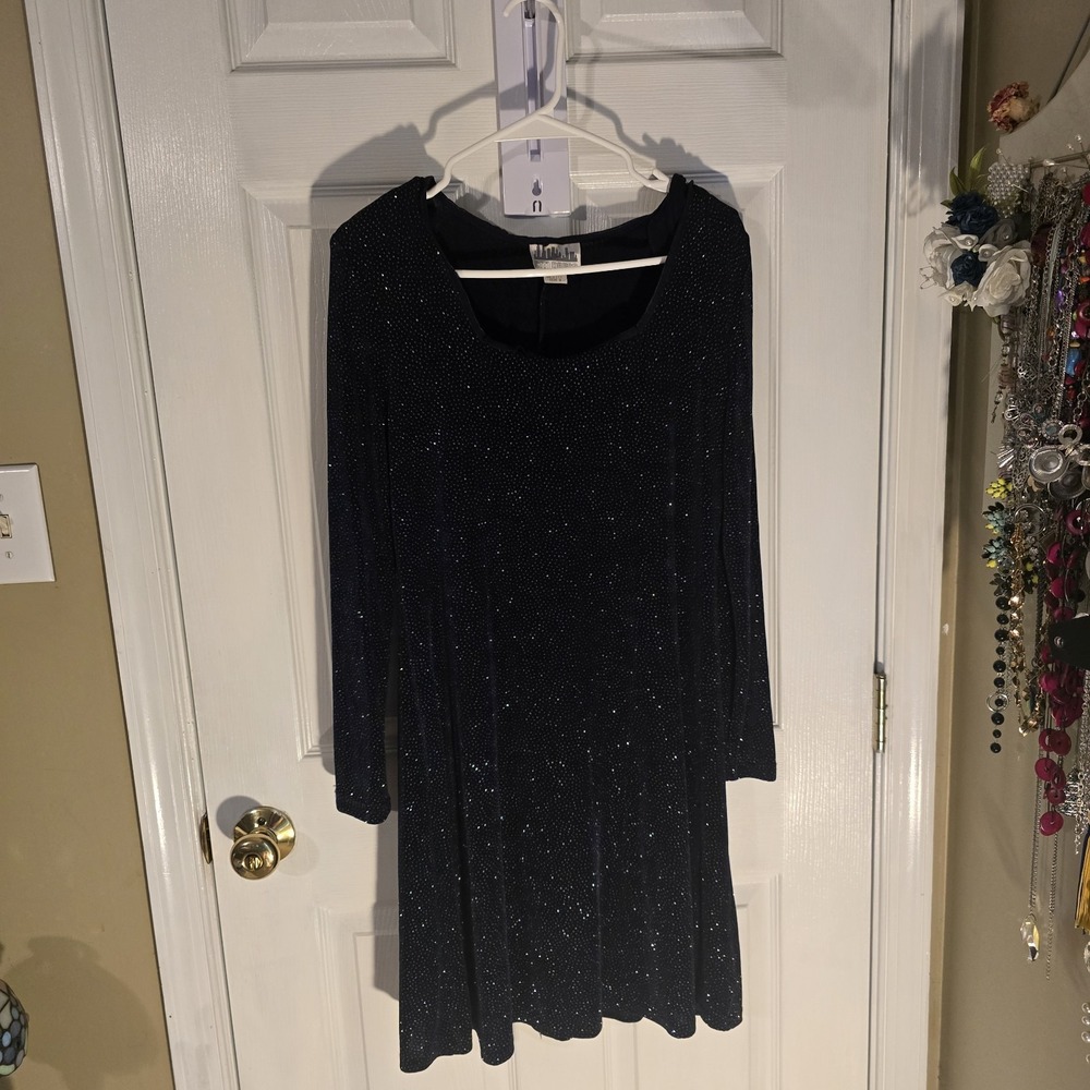 Citi Dress Vintage 90s Black Glitter Long Sleeve A-Line Dress Size 8 USA